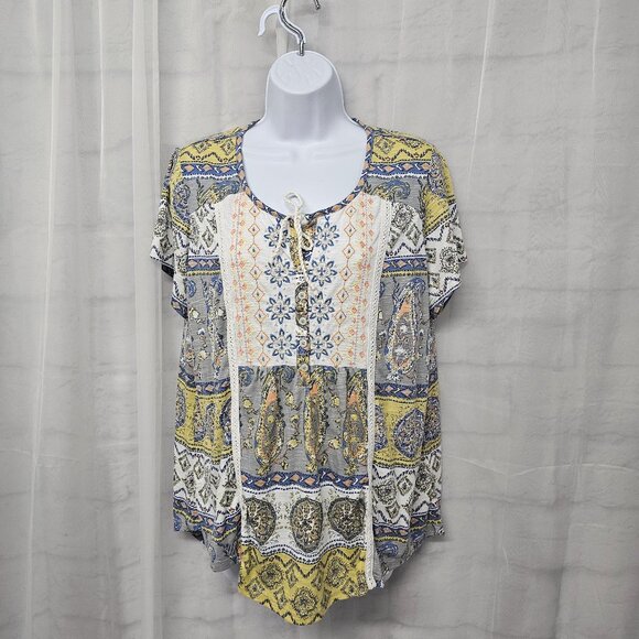 Yellow Gray Embroidered Blouse Patchwork Paisley Boho Festival Hippie 0X - Picture 11 of 11